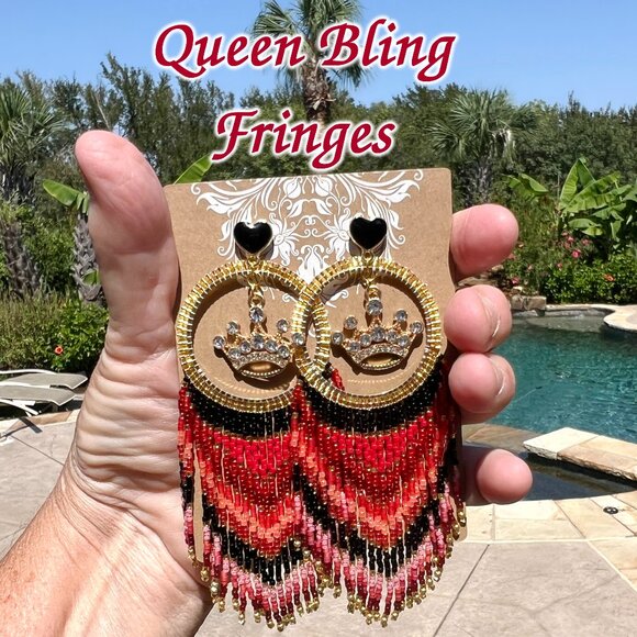 Handmade Beaded Queen Long Fringe Dangle Drop Lightweight Post Hoop Earrings - Picture 1 of 10